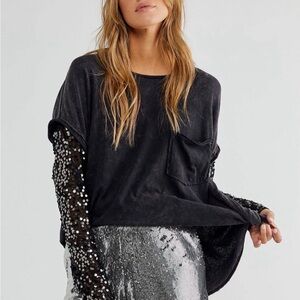 Free People Celine Black Long Sleeve Embellished Oversized Top, Sequin Sleeves